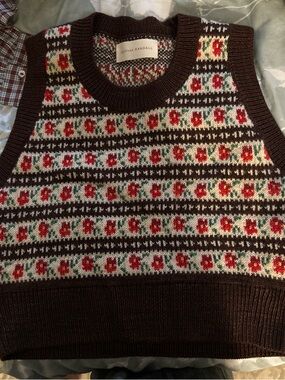 Loeffler Randall Brown Floral Fair Isle Knit Vest